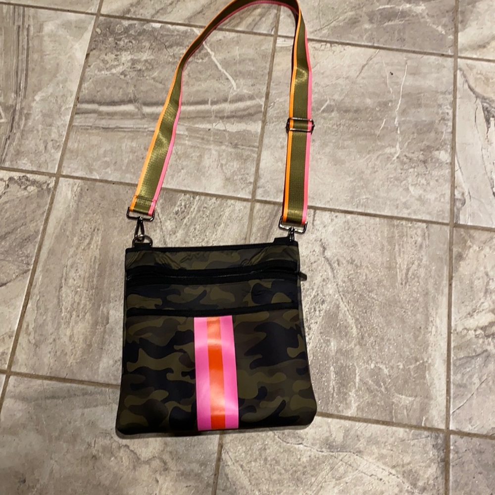 Haute shore cross body purse green camo with pink and orange GUC